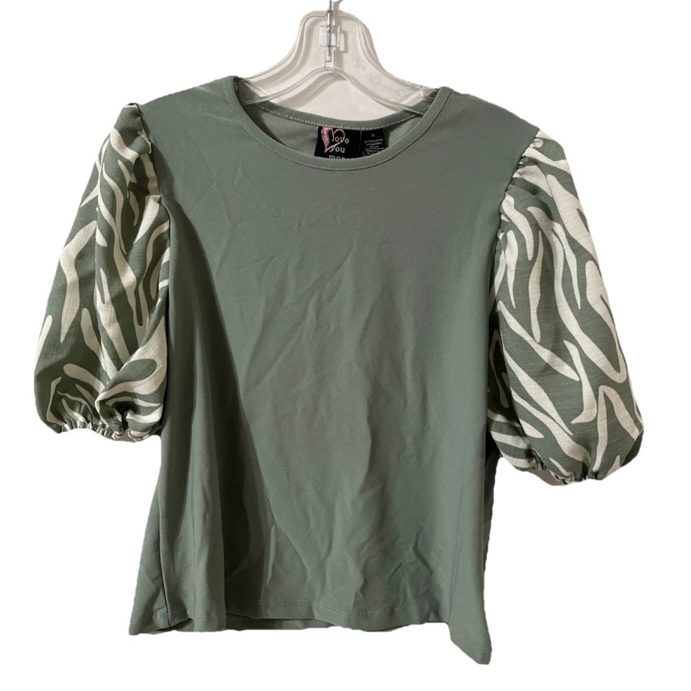 NWT Love You More! Ballon Pattern Sleeve Green/White Blouse Top Size Medium